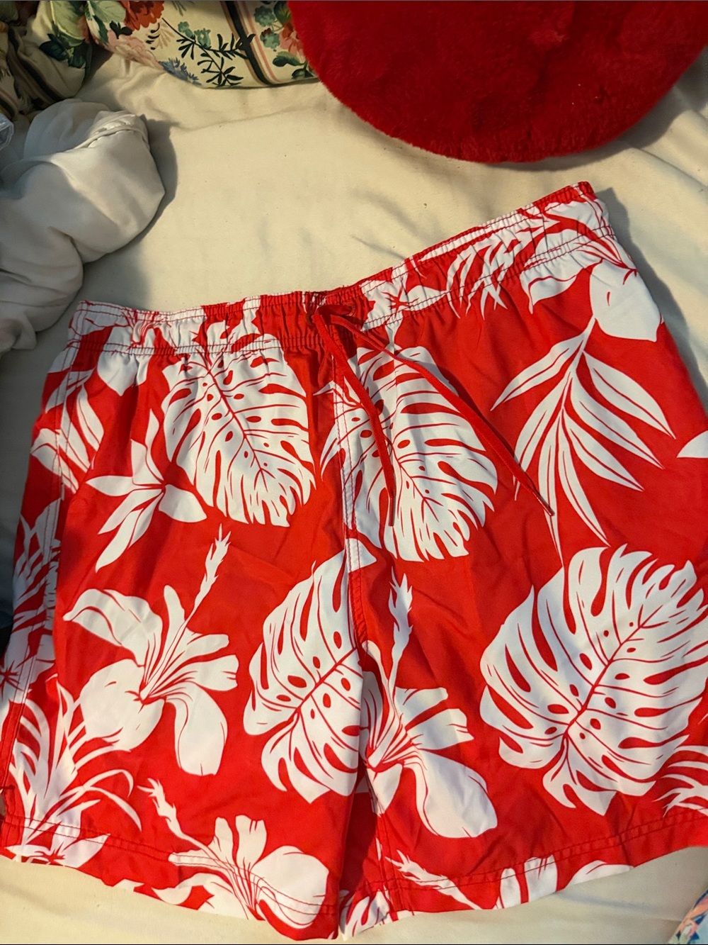 Speedo Red and White Tropical Leaf Swim Shorts